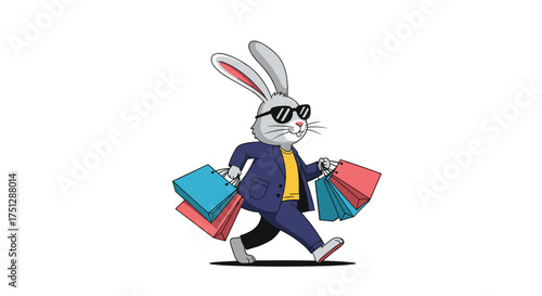 A fashionable bunny in a suit walks with shopping bags.
