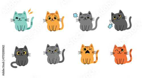 A collection of cute and expressive cartoon cats with various emotions.