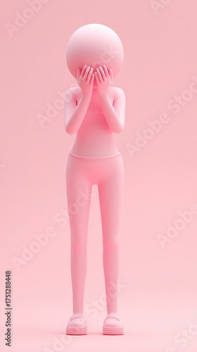 Pink Figure Covering Face in a Monochromatic Studio.