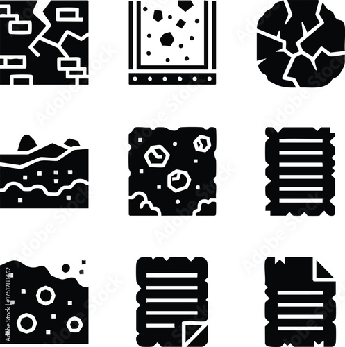 Collection of Black and White Texture Icons Representing Various Materials.