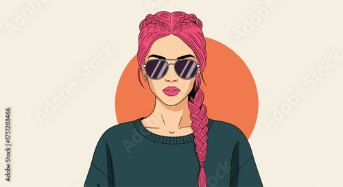 A woman with pink braided hair and sunglasses.