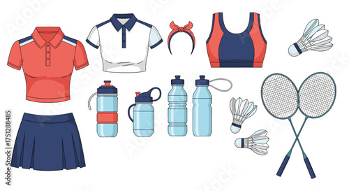 Collection of badminton sports clothing and equipment for athletes.