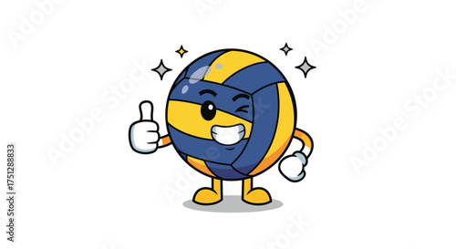 A cheerful volleyball character gives a thumbs up gesture.