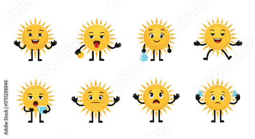 Collection of happy sunny weather characters with different emotions.