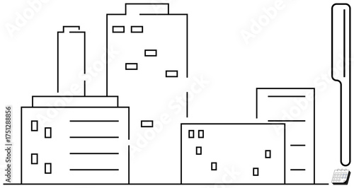 Minimalist urban skyline of buildings combined with thermometer for heat representation. Ideal for urbanization, climate change, weather, environment, sustainability, construction, innovation. Simple