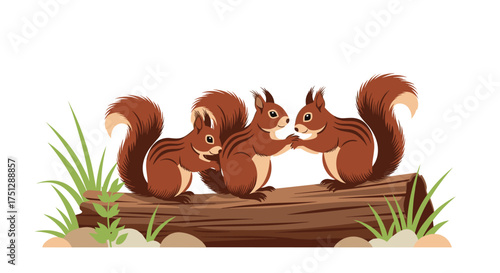 Three cute squirrels holding paws on a log.