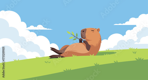 A cute capybara relaxing on a grassy hill holding a small branch.