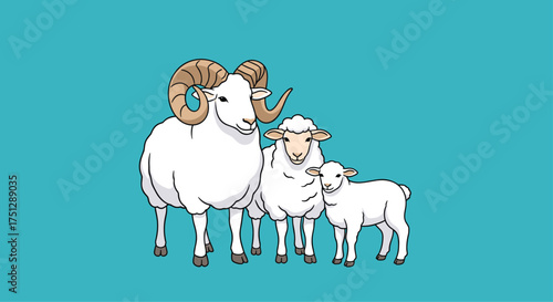 A fluffy sheep family stands together on a clear blue background.