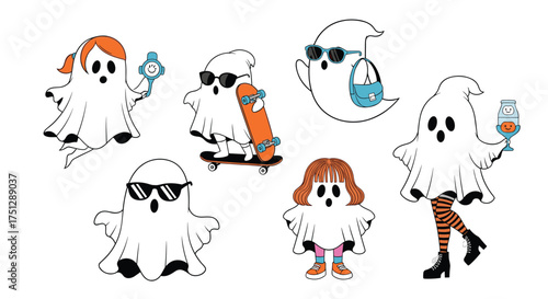 Cute spooky cartoon ghosts enjoying halloween fun and activities.