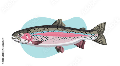 A beautiful rainbow trout swims in a light blue watery background.