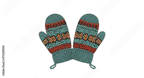 A pair of knitted mittens with a traditional patterned design.