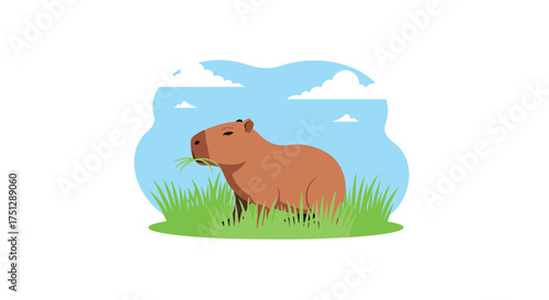A cute capybara enjoys a grassy meal under a blue sky.