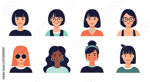 Collection of diverse female avatars with different hairstyles and accessories.