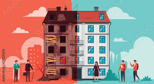 Comparing a run down building to a renovated one with people.