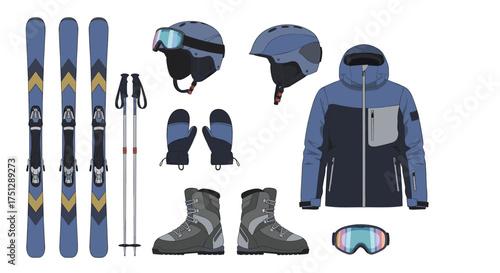 Collection of ski equipment including skis poles helmets gloves boots jacket and goggles.