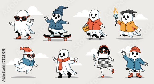 A collection of cute pixel art ghosts in various outfits and poses.