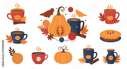 Autumn collection of hot drinks and pumpkin illustrations.