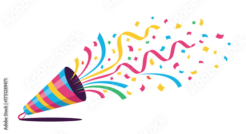 Exploding party popper releasing colorful confetti and streamers into the air.