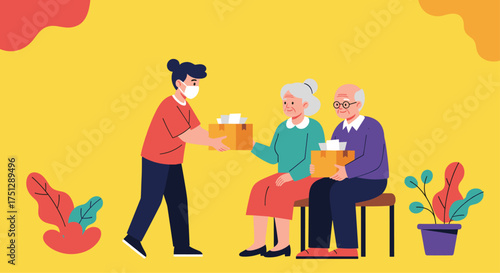 Volunteers delivering essential supplies to elderly couple.