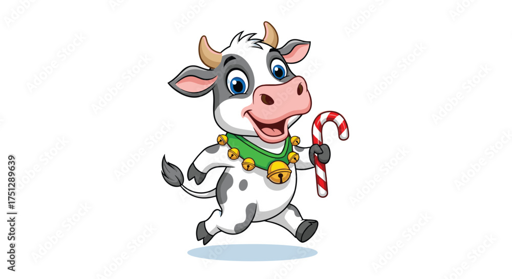 Fototapeta premium A cute cartoon cow holding a candy cane with a festive collar.