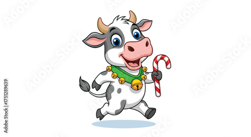 A cute cartoon cow holding a candy cane with a festive collar.