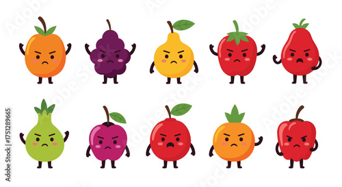 A collection of cute angry cartoon fruits expressing their displeasure.