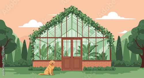 A golden retriever sits in front of a greenhouse full of plants.