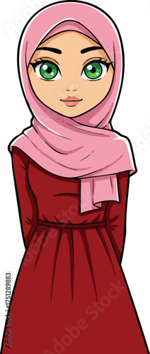 Muslim woman wearing pink hijab and red dress with green eyes vector illustration of modest fashion and culture