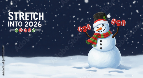 Snowman lifting weights in snowy landscape with festive decorations  