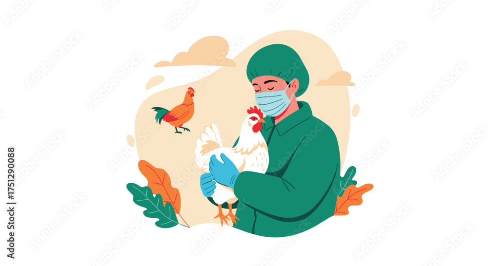 Naklejka premium Veterinarian examining chickens in a farm setting.