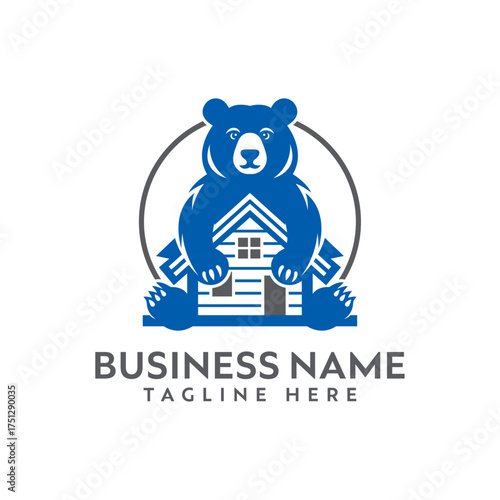 Blue bear holding a house for real estate logo vectors illustrations logo