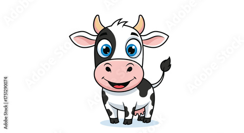 A happy cartoon cow with big blue eyes and a friendly smile standing on a white background.