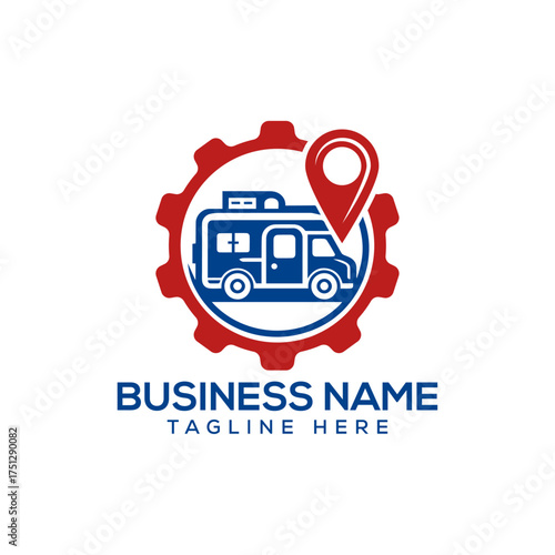 RV Location Gear Logo ., Ambulance van with a location pin inside a gear vectors illustrations logo