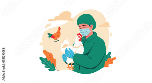 Veterinarian examining chickens in a farm setting.