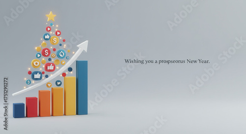 New Year greeting card with colorful bar chart shaped like a tree  