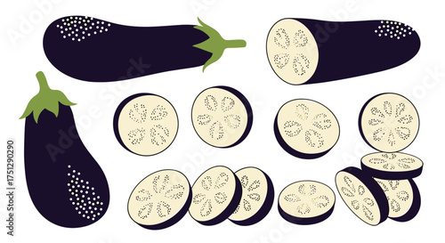 An assortment of fresh whole and sliced eggplants.