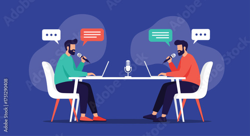 Two men having a podcast discussion over a table.