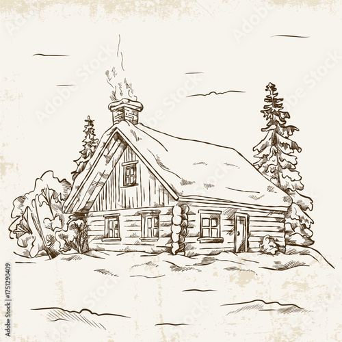 Hand-drawn winter landscape in vintage style with a wooden house covered with snow in a forest on a light background with texture.