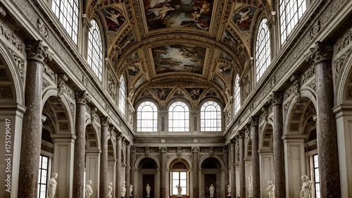 Grand Baroque Hall Interior with Ornate Gold Ceiling Murals and Marble Columns Bathed in Natural Light from Arched Windows