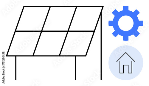 Solar panel generating energy, adjacent to a gear and house icon. Ideal for renewable energy, sustainability, eco-friendly concepts, technology, energy efficiency, solar power, simple flat metaphor