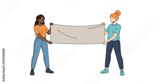 Two women holding a blank banner together with a smile.