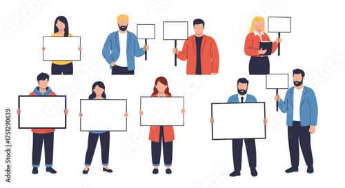 A diverse group of people holding blank signs for protest or demonstration.