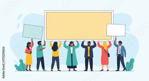 A diverse group of people holding blank signs for protest or demonstration.