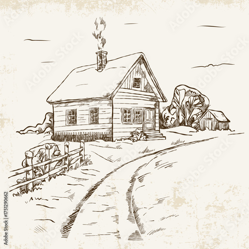 Hand-drawn winter landscape in vintage style with a wooden house covered with snow, a snow-covered road and a fence on a light background with texture.