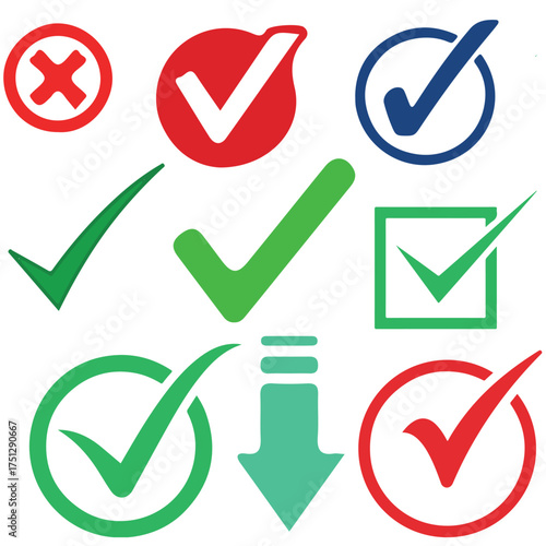Colorful Check Mark and Tick Icon Set on White Background