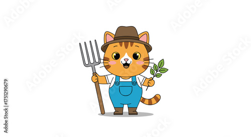 Adorable cartoon farmer cat holding a pitchfork and a plant.