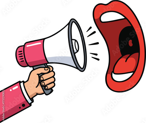Hand Holding Megaphone Amplifying Loud Speech from Open Mouth Vector Illustration for Communication and Announcement 