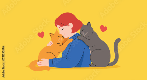 Woman hugging two cats with love and affection.