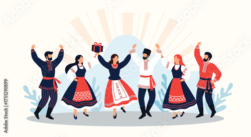 People dressed in traditional folk costumes are celebrating together happily.