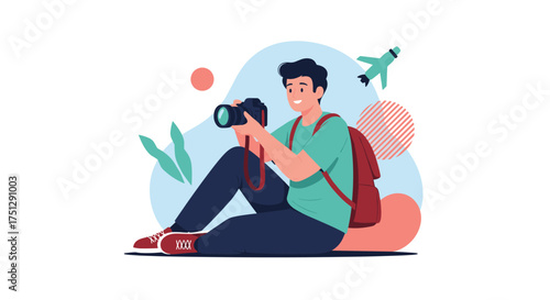 A young man taking a photo during his travel adventure.